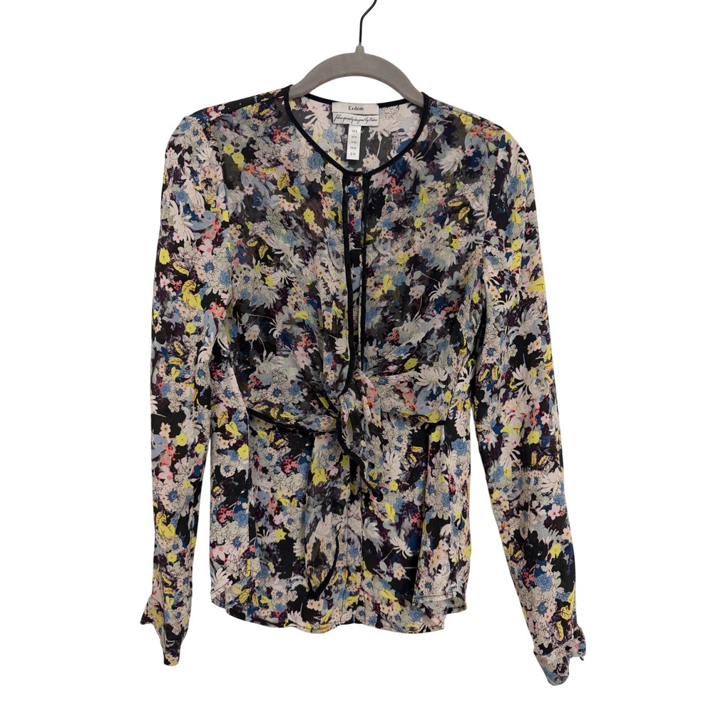 Erdem Floral Silk Tie Front Blouse Long Sleeve Multi Color Size US 4 UK 8